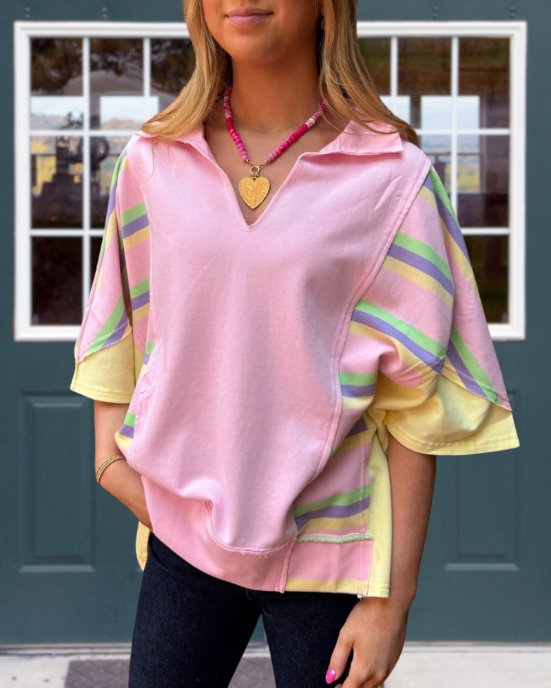 Unique Colorblock Striped V-Neck Top