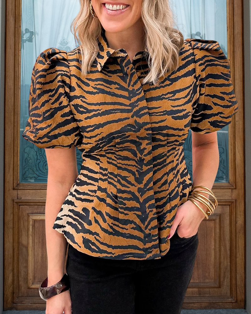 Tiger Jacquard Puff Sleeve Top