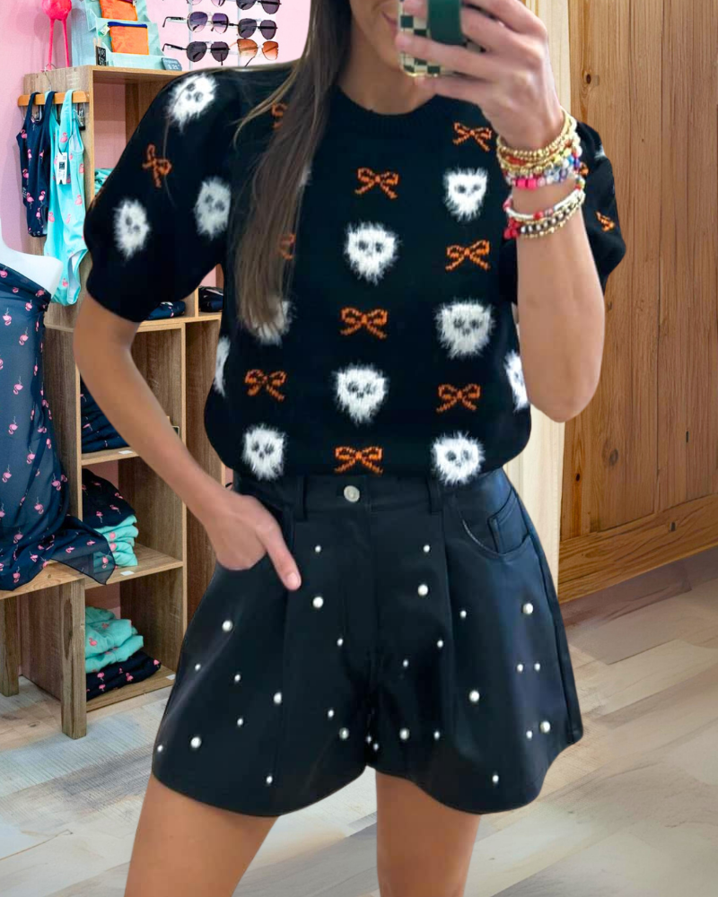 Bow Skull Flock Embroidered Top