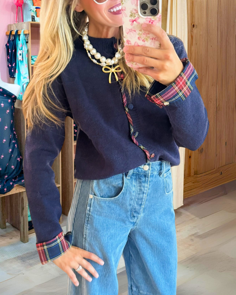 Chic Check Trim Button Sweater