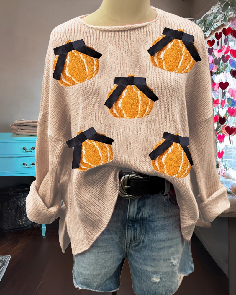 Bow Pumpkin Embroidered Sweater