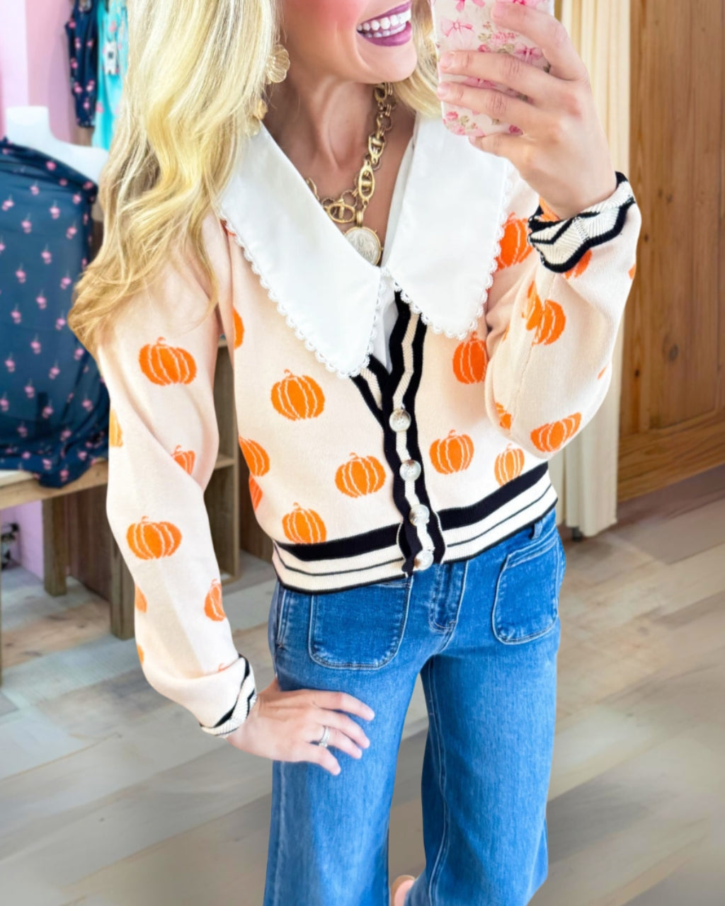 Pumpkin Print Knitted Cardigan