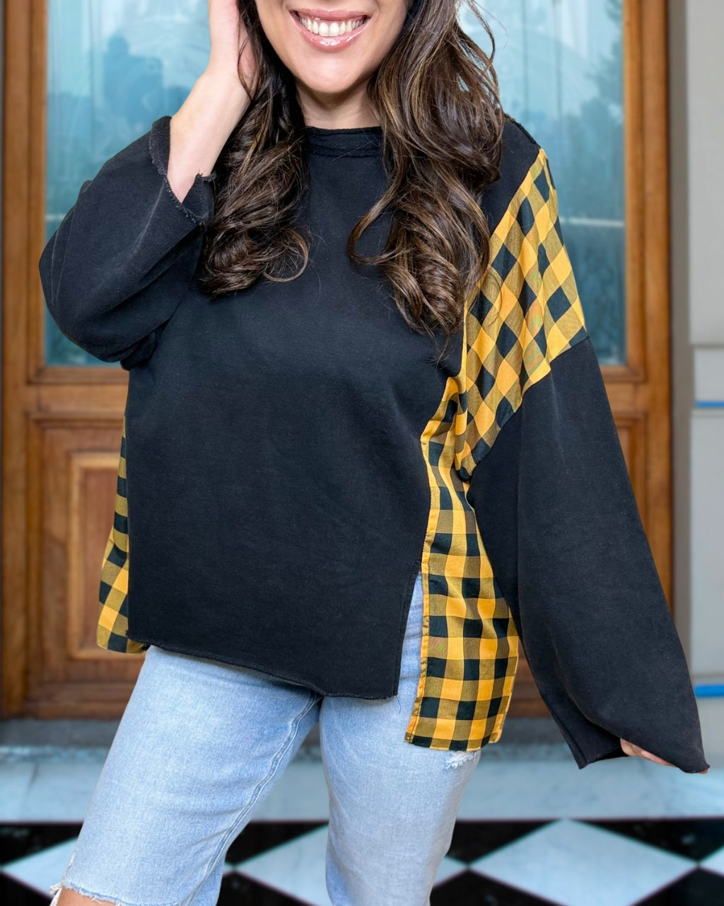Applique Halloween Pumpkin Plaid Sweatshirt