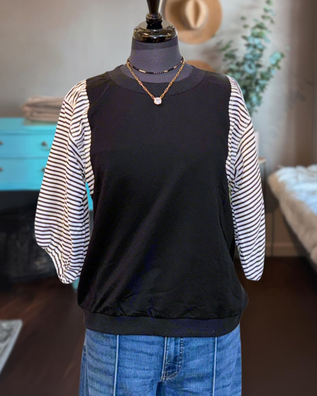 Striped Puff Sleeve Mixed Tee