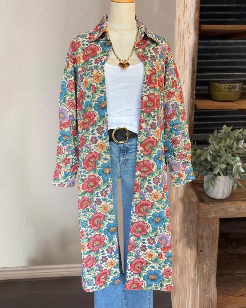 Retro Floral Button Long Jacket