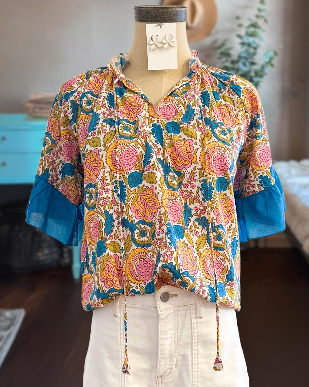 Colorful Floral Bell Sleeves Top