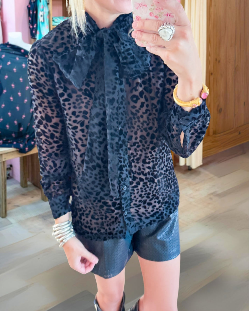 Leopard Chiffon Flocking Button Down Top