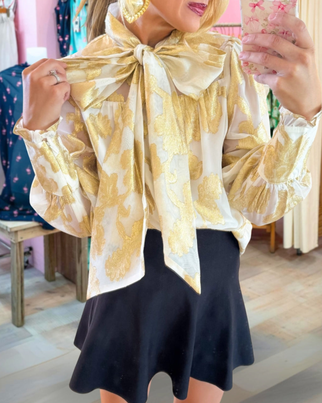 Chic Satin Floral Print Bow Blouse
