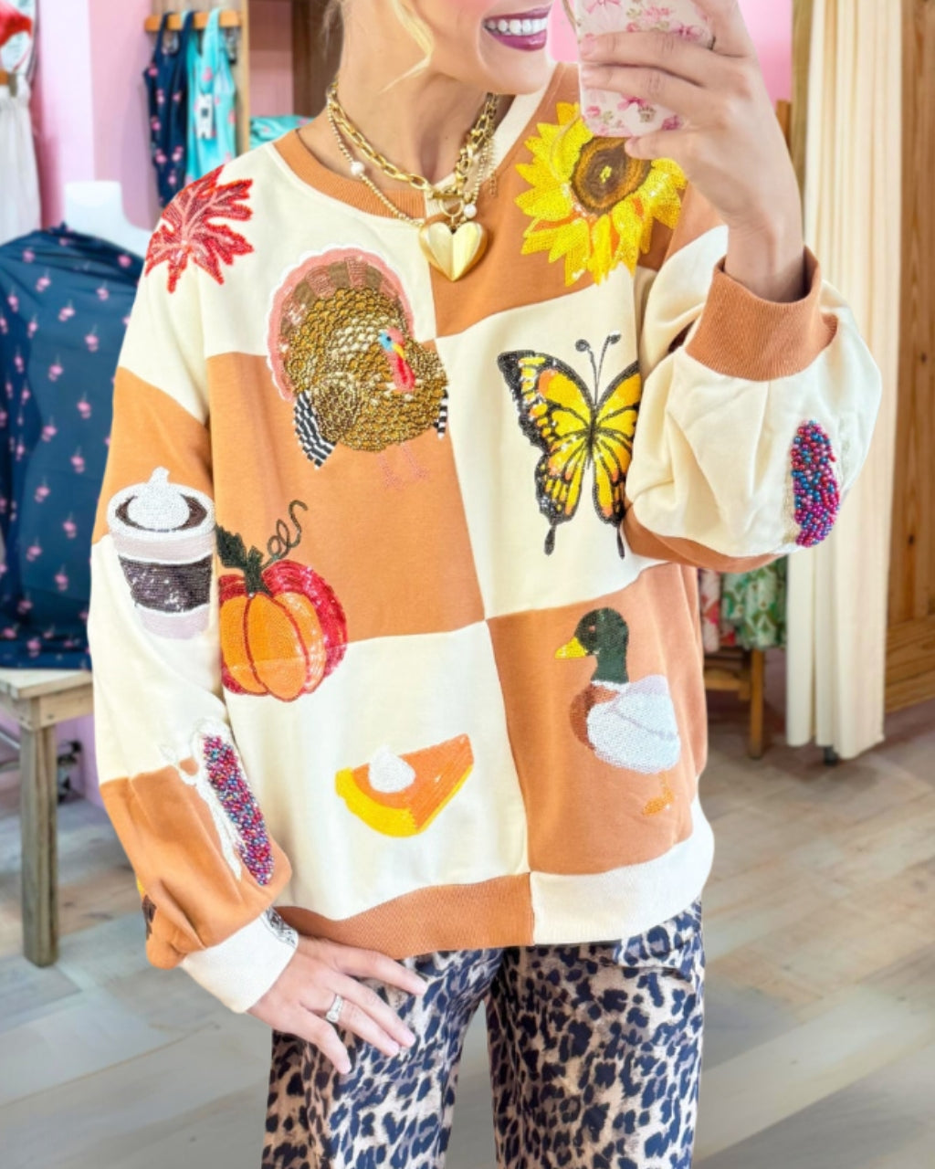 Fall Icon Checkered Sequin Sweatshirt