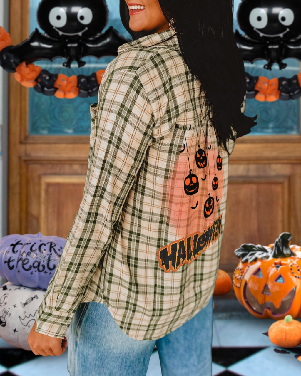 Whimsical Halloween Pumpkin Graphic Plaid Shirt