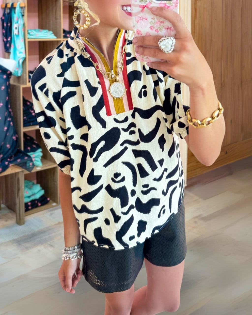Printed Zip Satin Top
