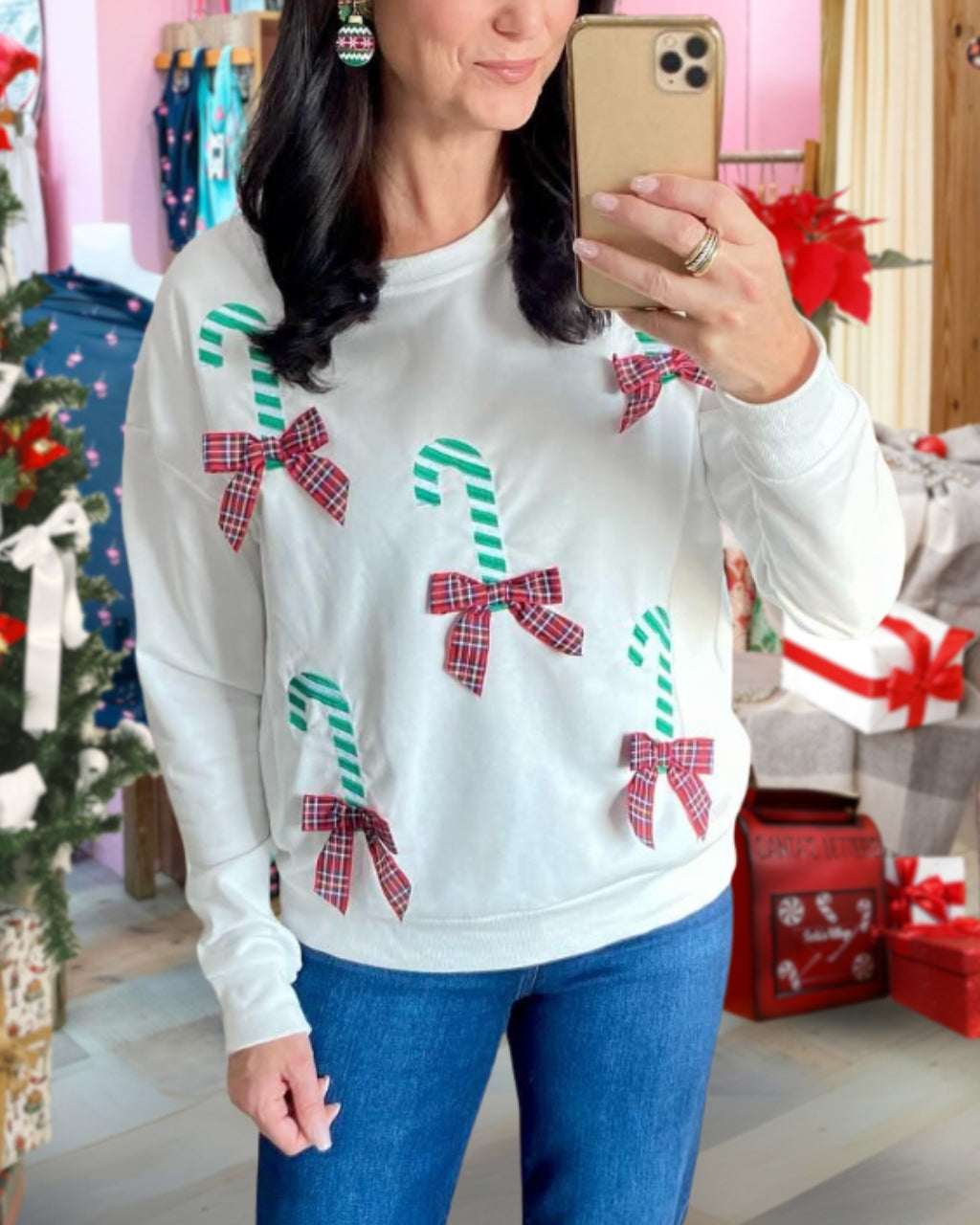 Festive Embroidered Candy Cane Bow Sweatshirt