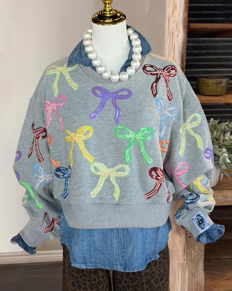 Fun Bow Sequined Crewneck Sweatshirt