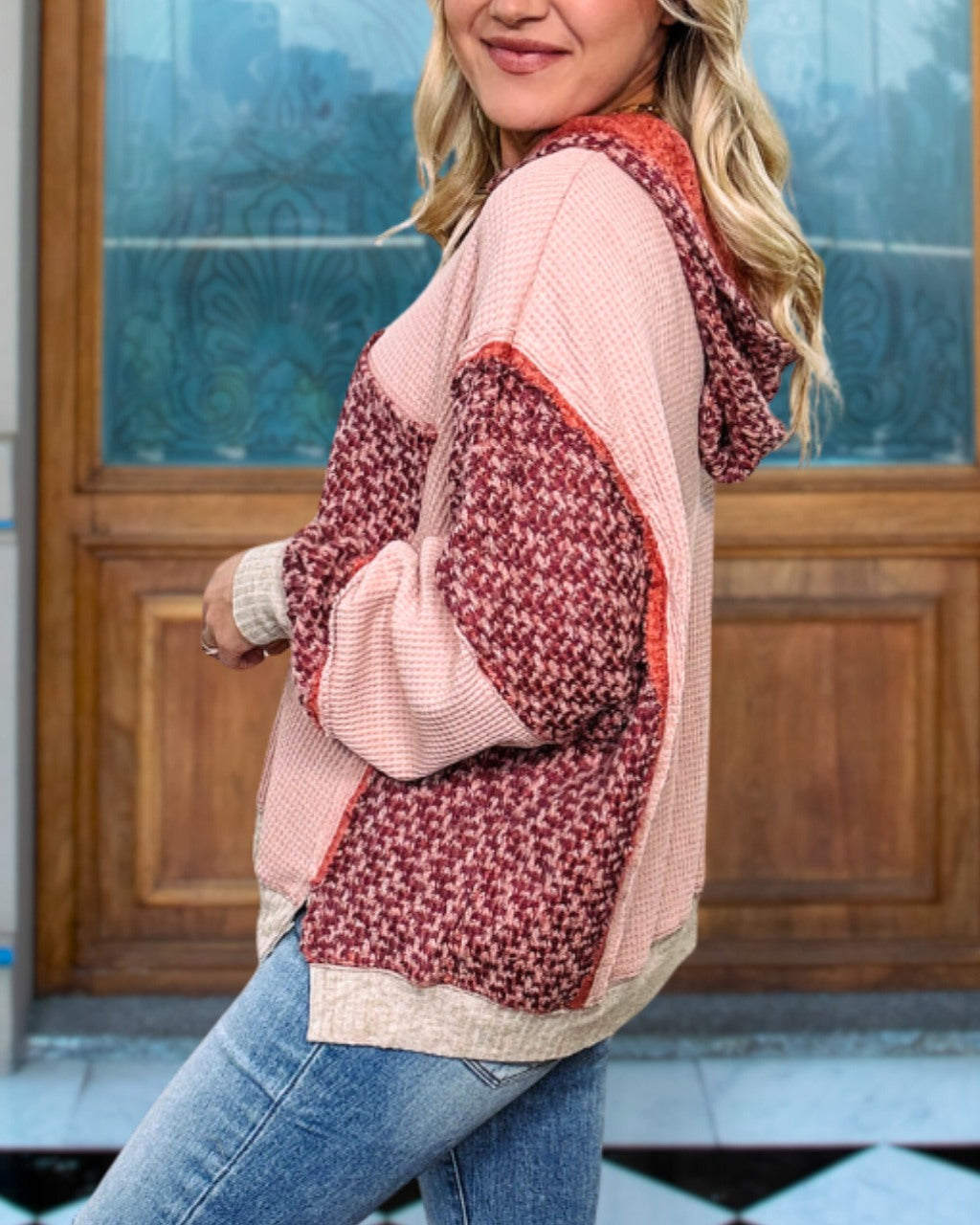 Lively Waffle Knit Patchwork Hoodie