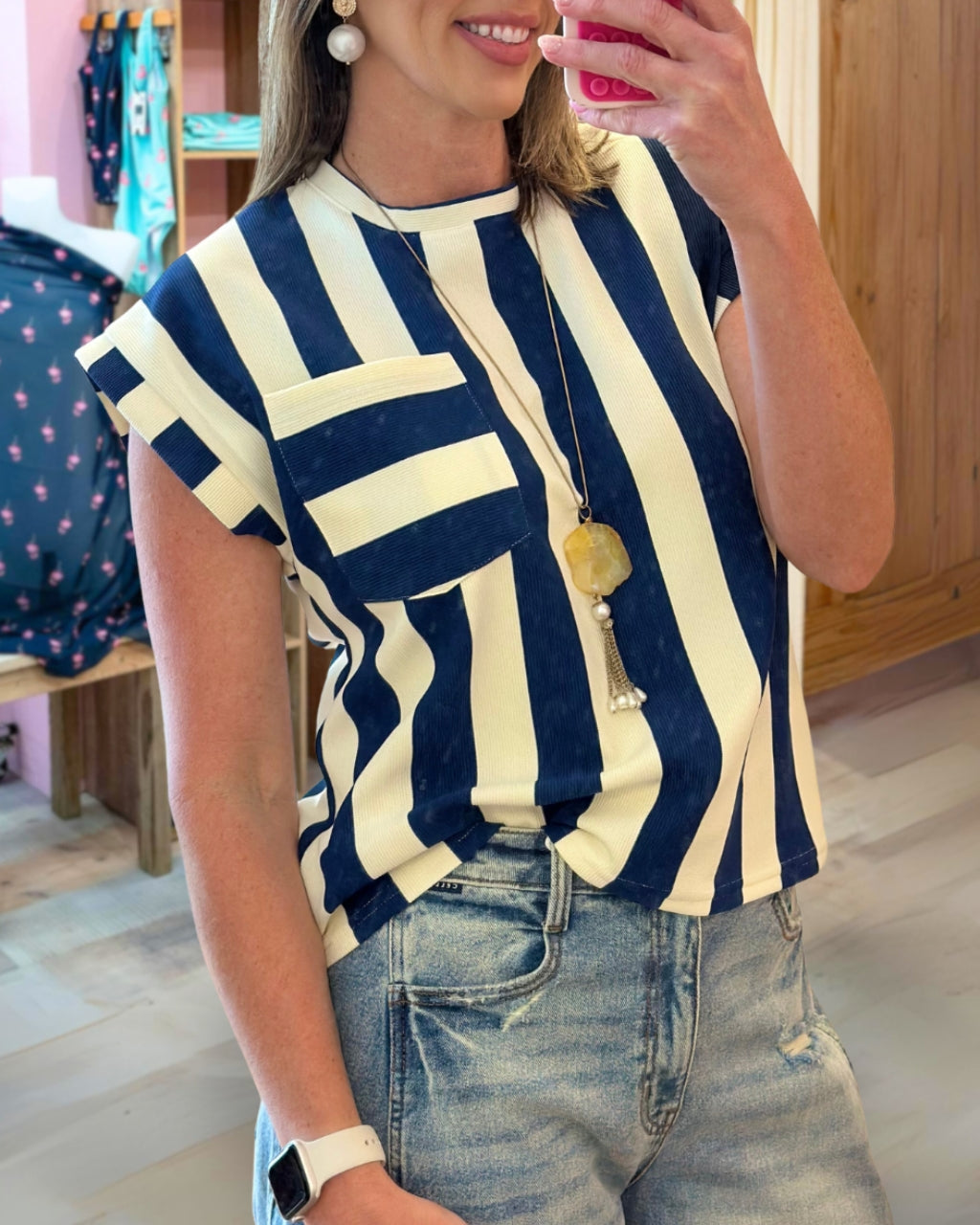 Round Neck Pocket Stripe Top