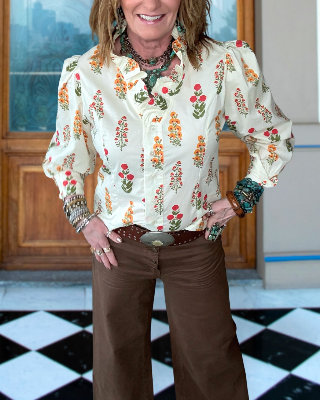 Satin Bouquet Ruffle Blouse