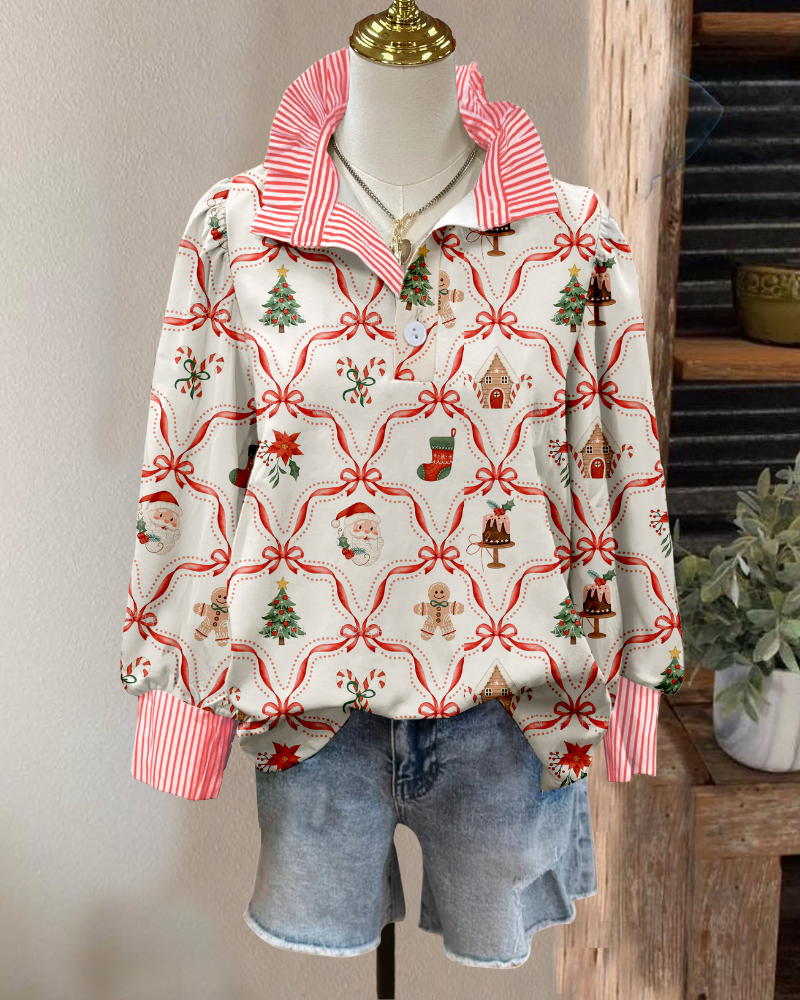 Christmas Striped Trim Satin Blouse