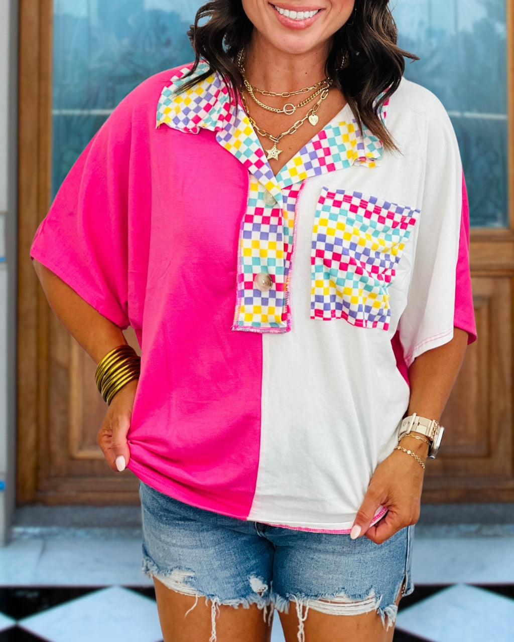Kitschy Checkered Color Blocked Top