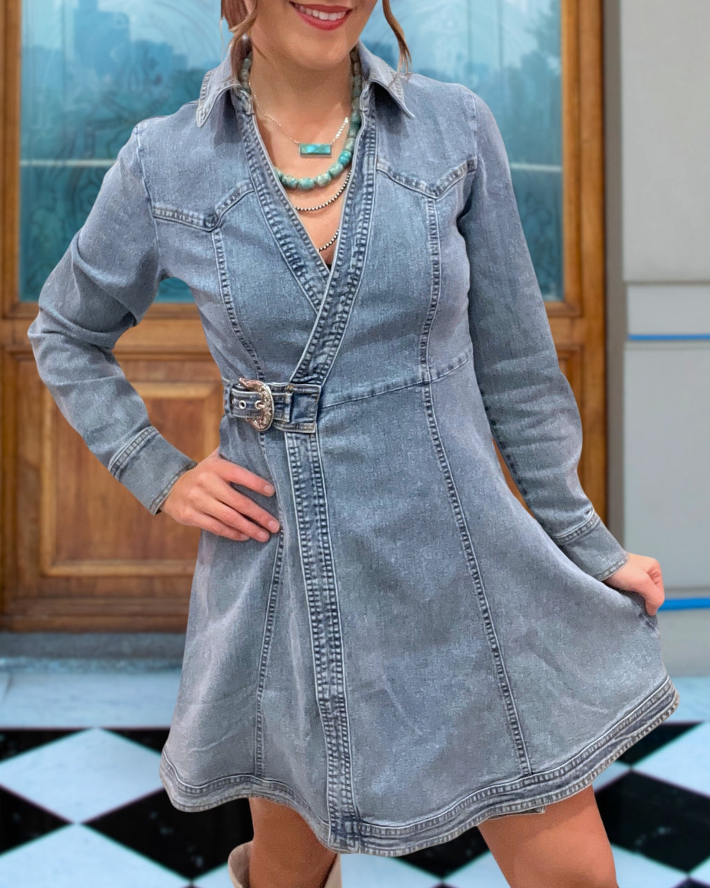Denim Buckle Swing Dress