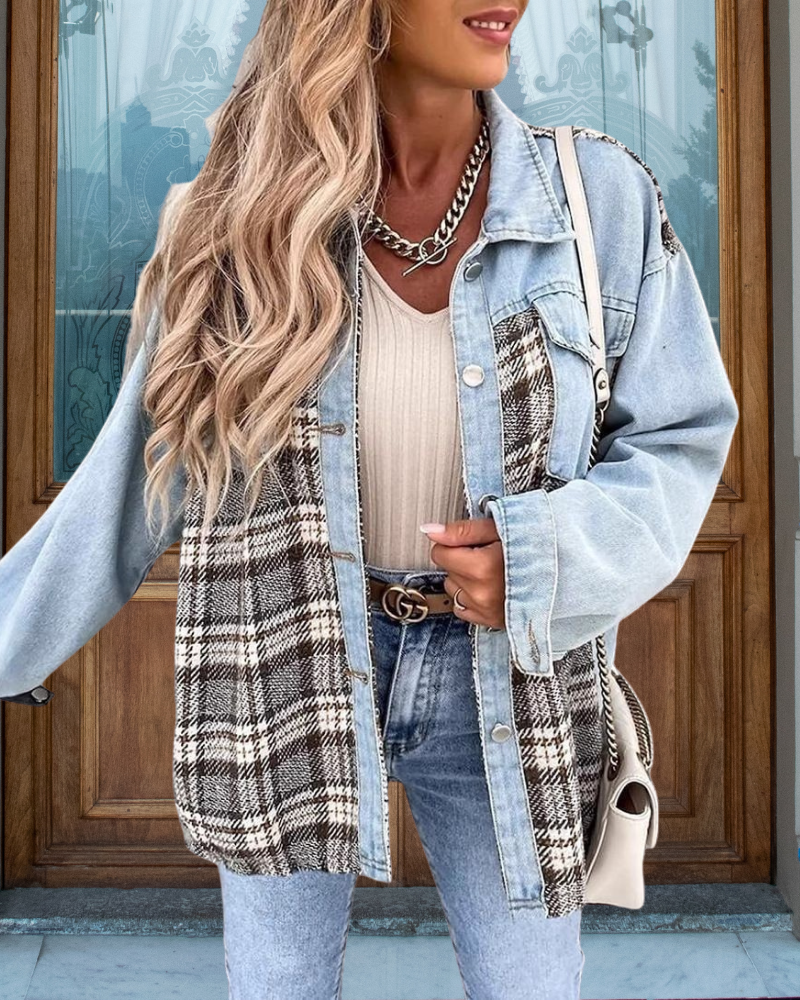 Trendy Plaid Patchwork Denim Jacket