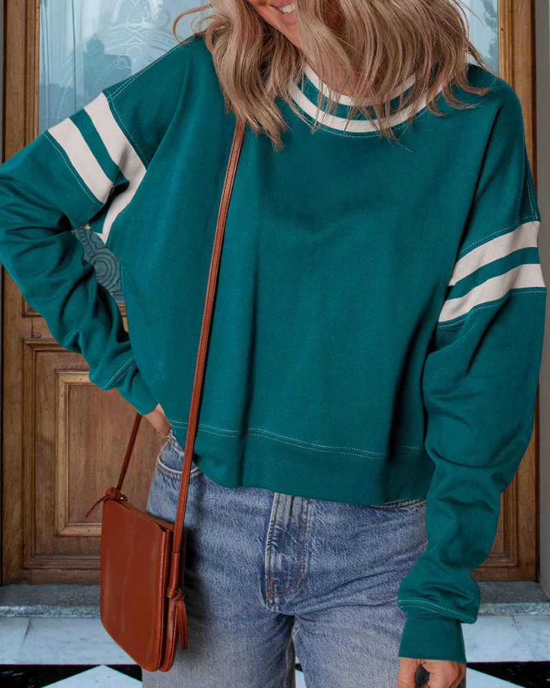 Striped Trim Crewneck Sweatshirt