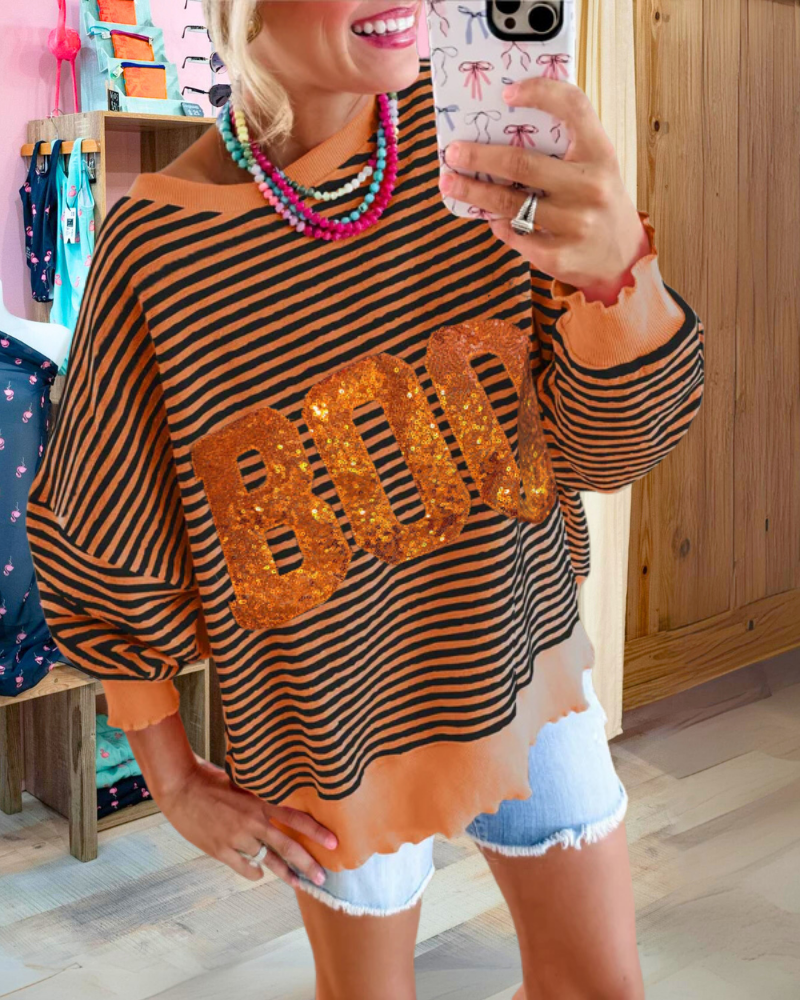 BOO Sequin Striped Sweatshirt