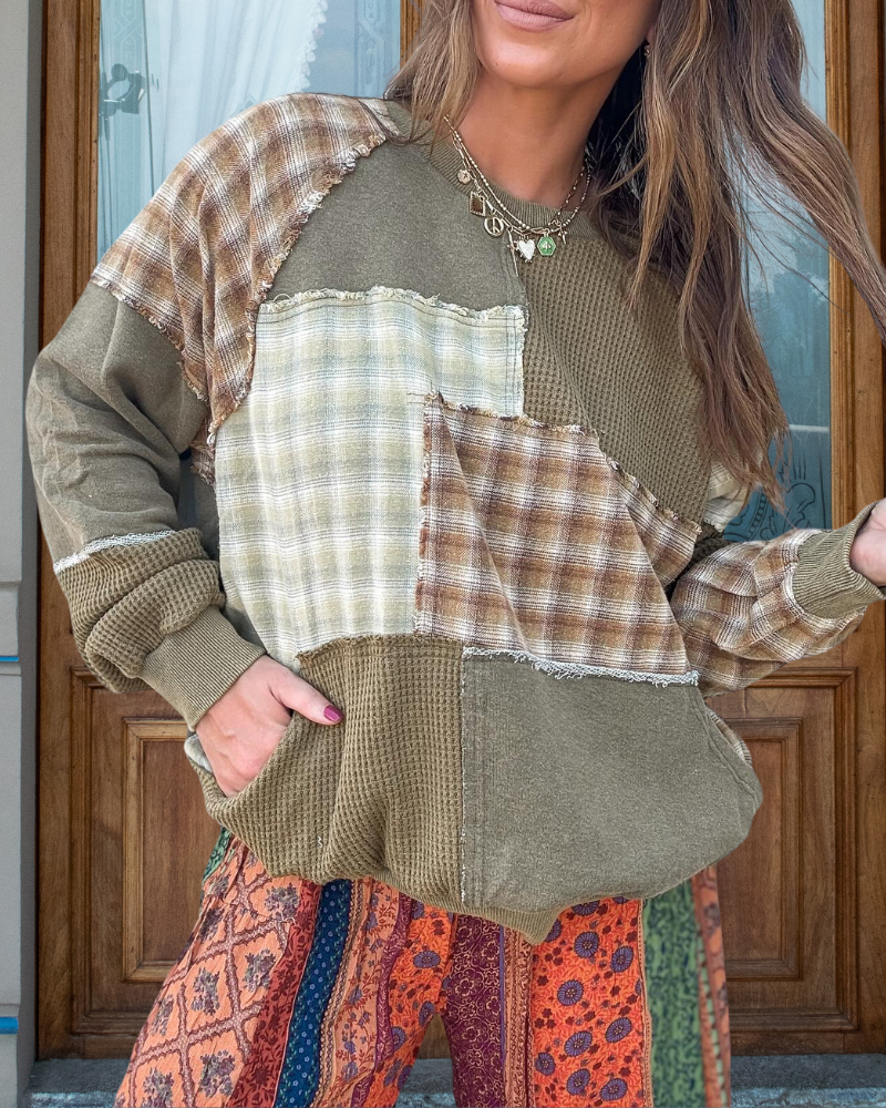 Waffle Patchwork Check Sweatshirt