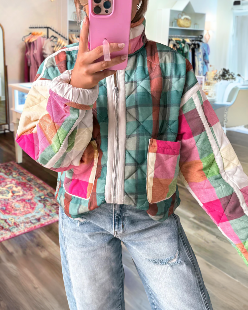 Color-Blocked Plaid Quilted Jacket