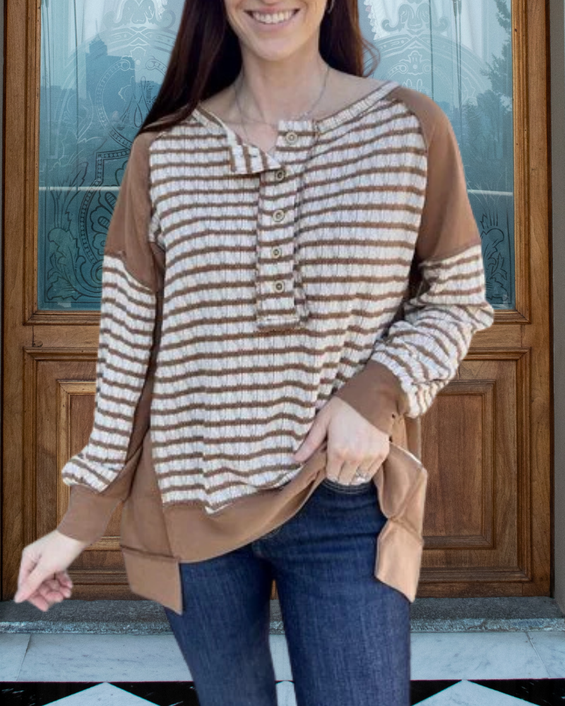 Oversized Striped Half-Collar Sweatshirt