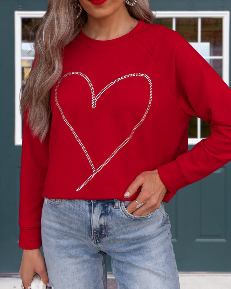 Stylish Beaded Heart Crewneck Pullover