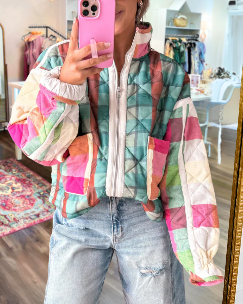 Color-Blocked Plaid Quilted Jacket