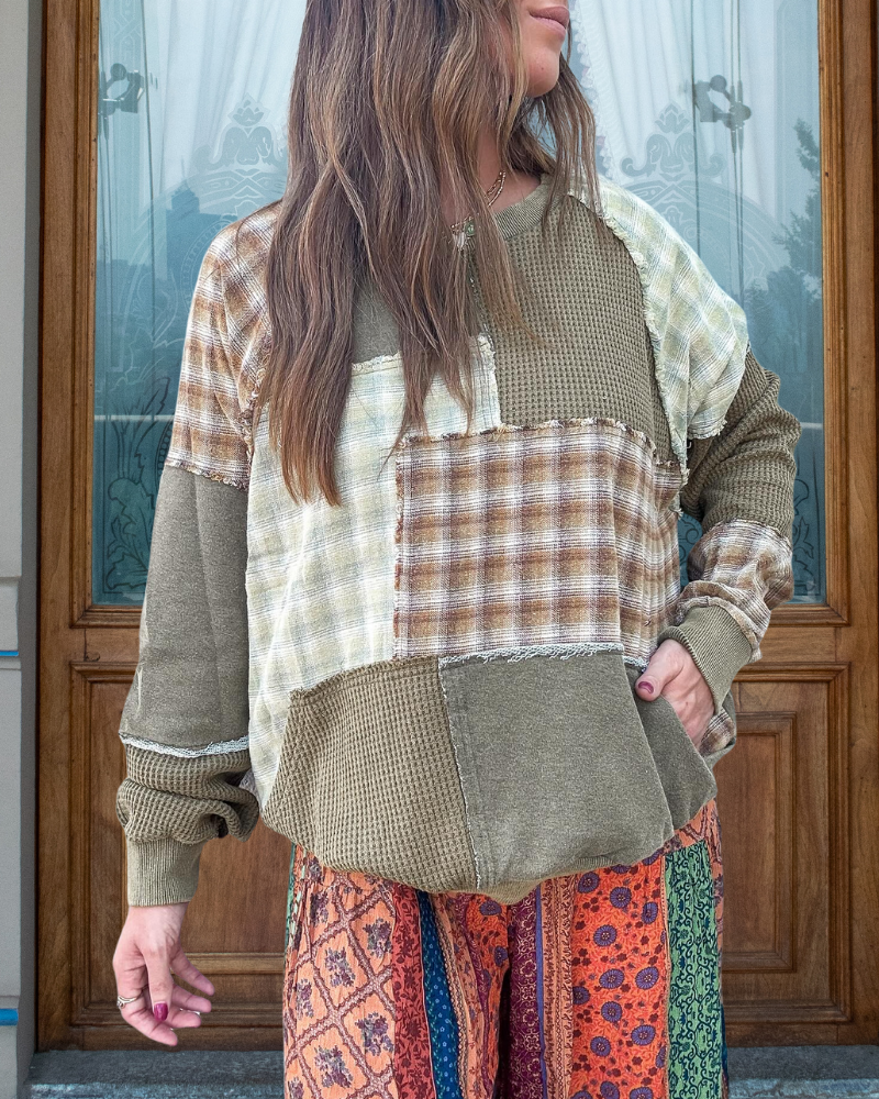Waffle Patchwork Check Sweatshirt