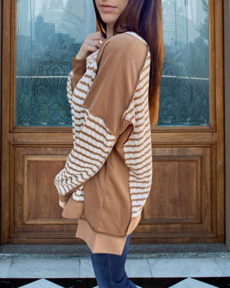 Oversized Striped Half-Collar Sweatshirt