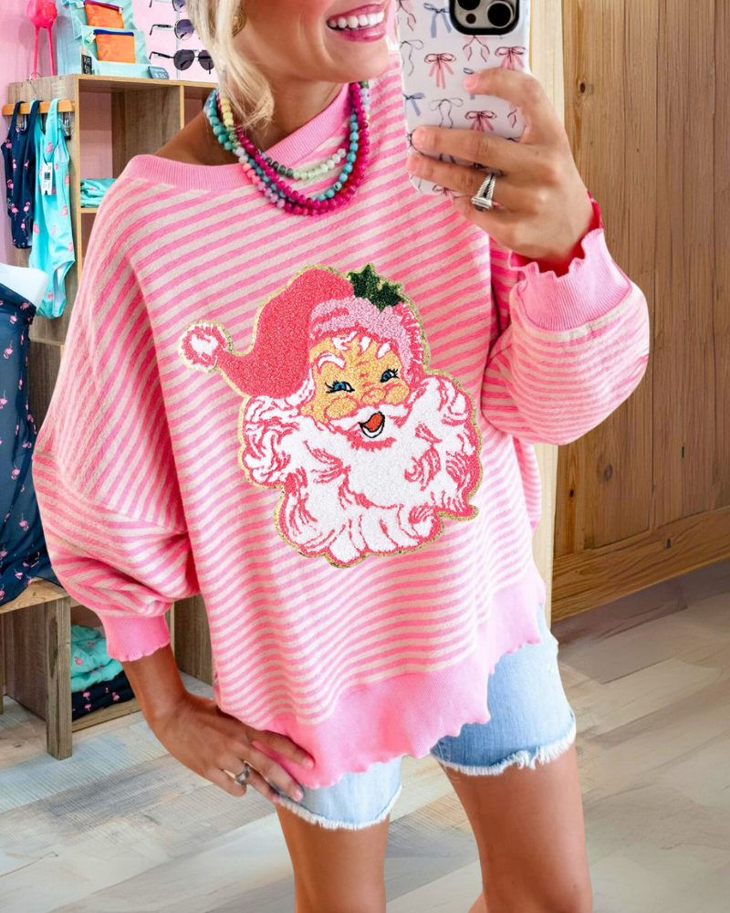 Santa Claus Embroidered Striped Sweatshirt