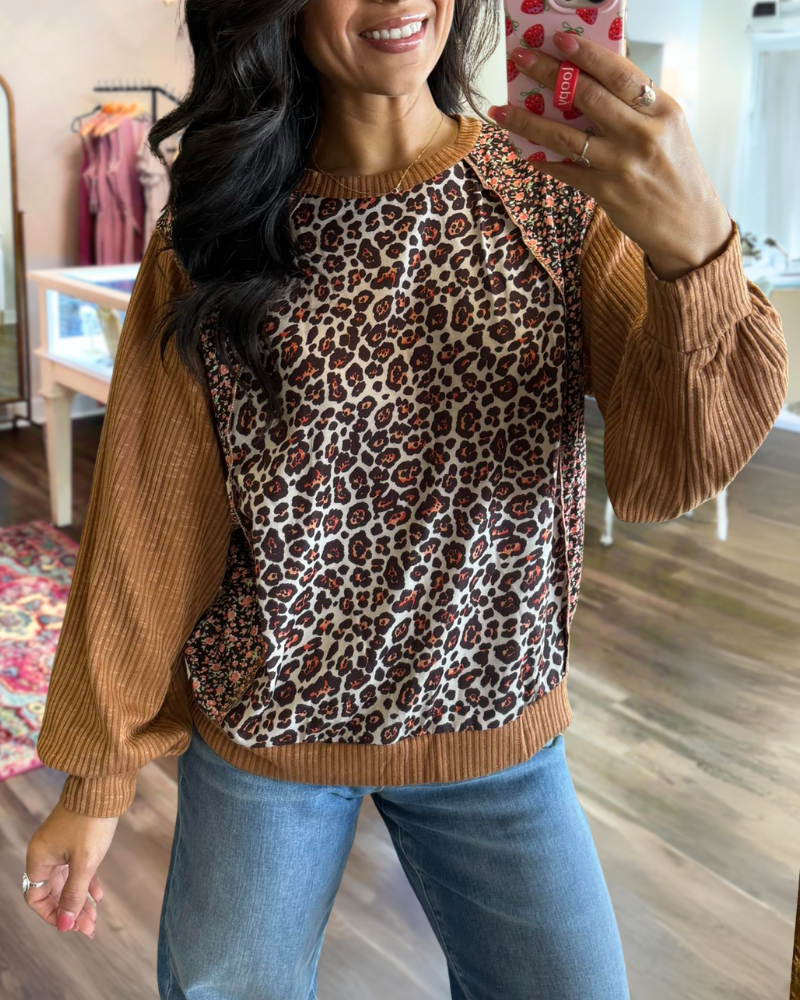 Leopard Floral Ribbed Patchwork Pullover