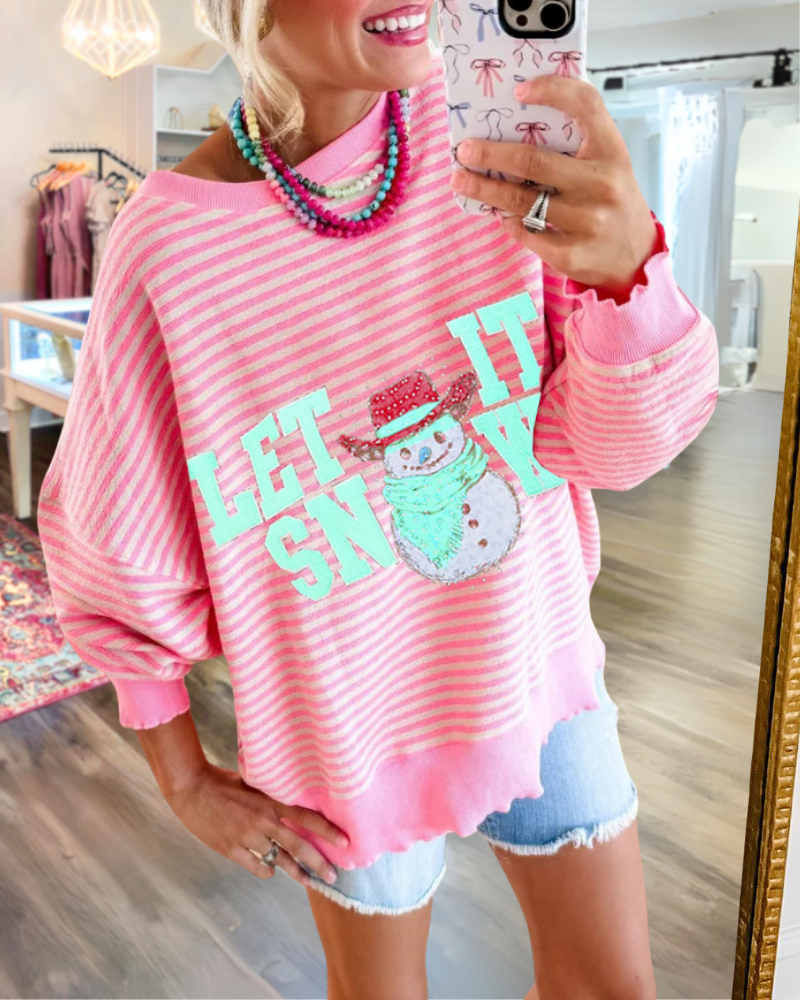 Snowman Print Striped Sweatshirt