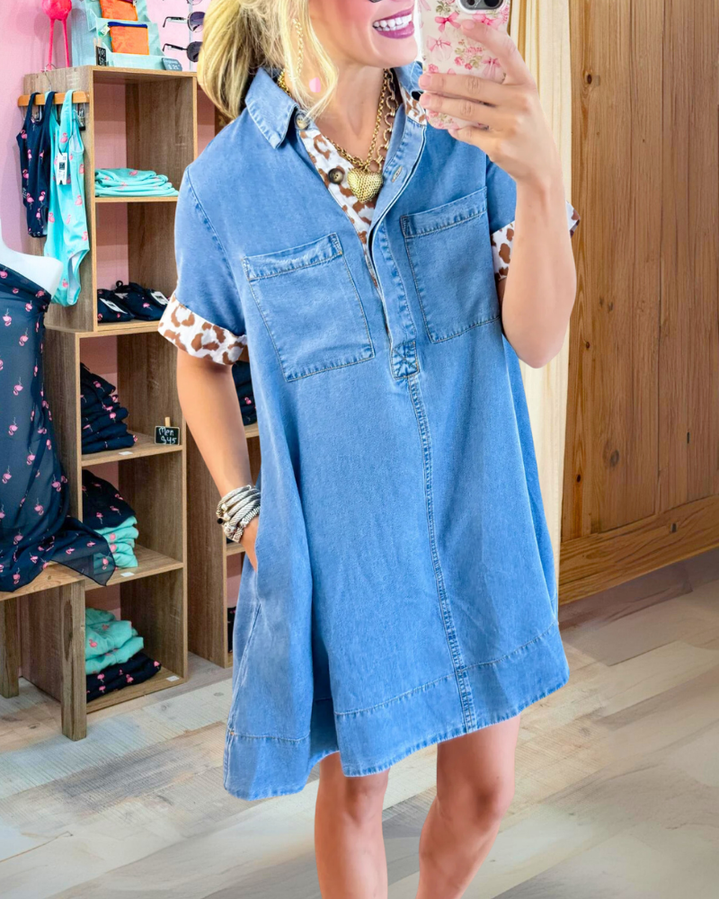 Trendy Leopard Trimmed Denim Dress