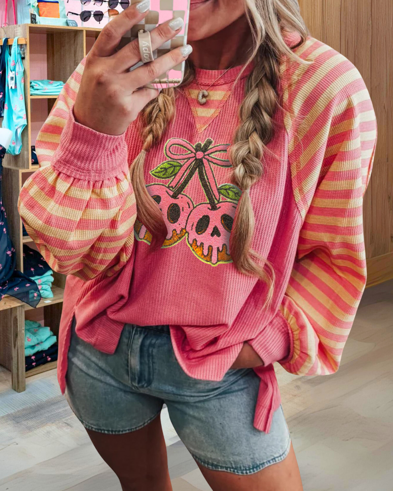 Cherry Skull Stripe Ribbed Sweatshirt