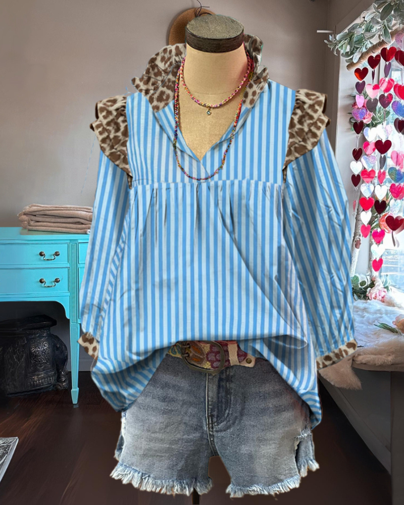 Leopard Ruffled Striped Top