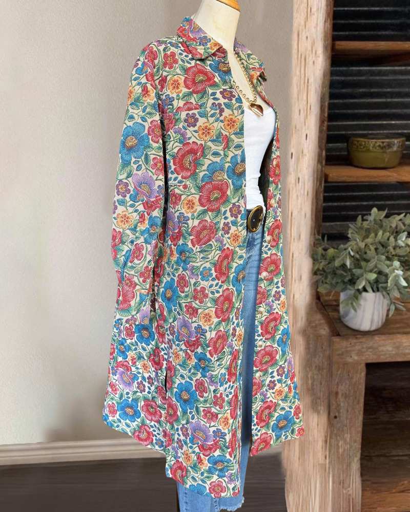 Retro Floral Button Long Jacket