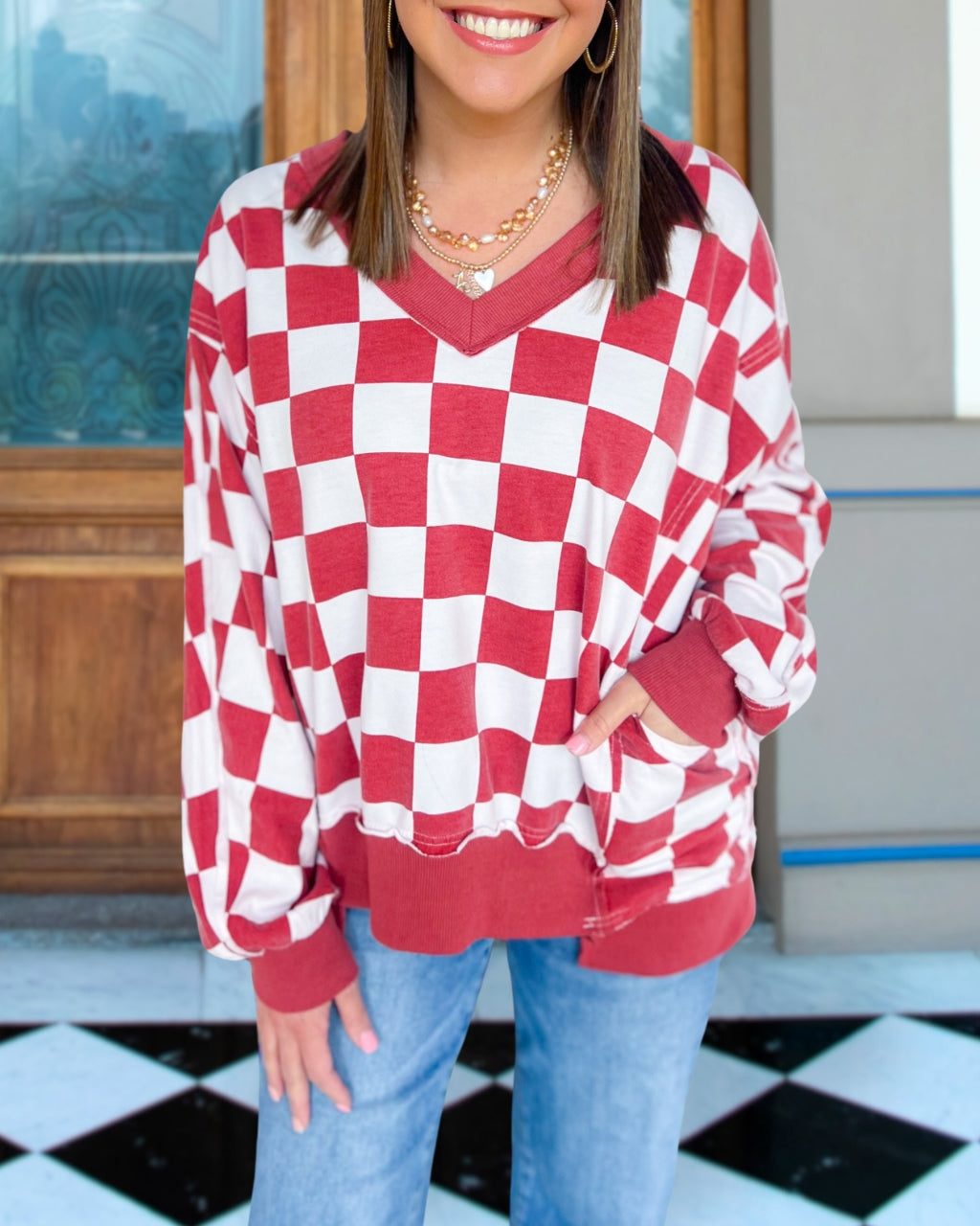 Checker Print Relaxed Pullover