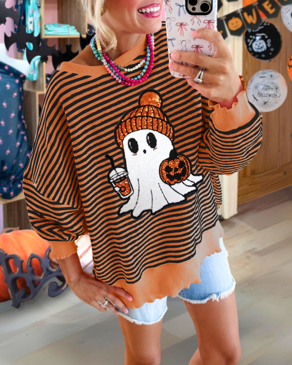 Cute Ghost Latte Sequin Striped Pullover