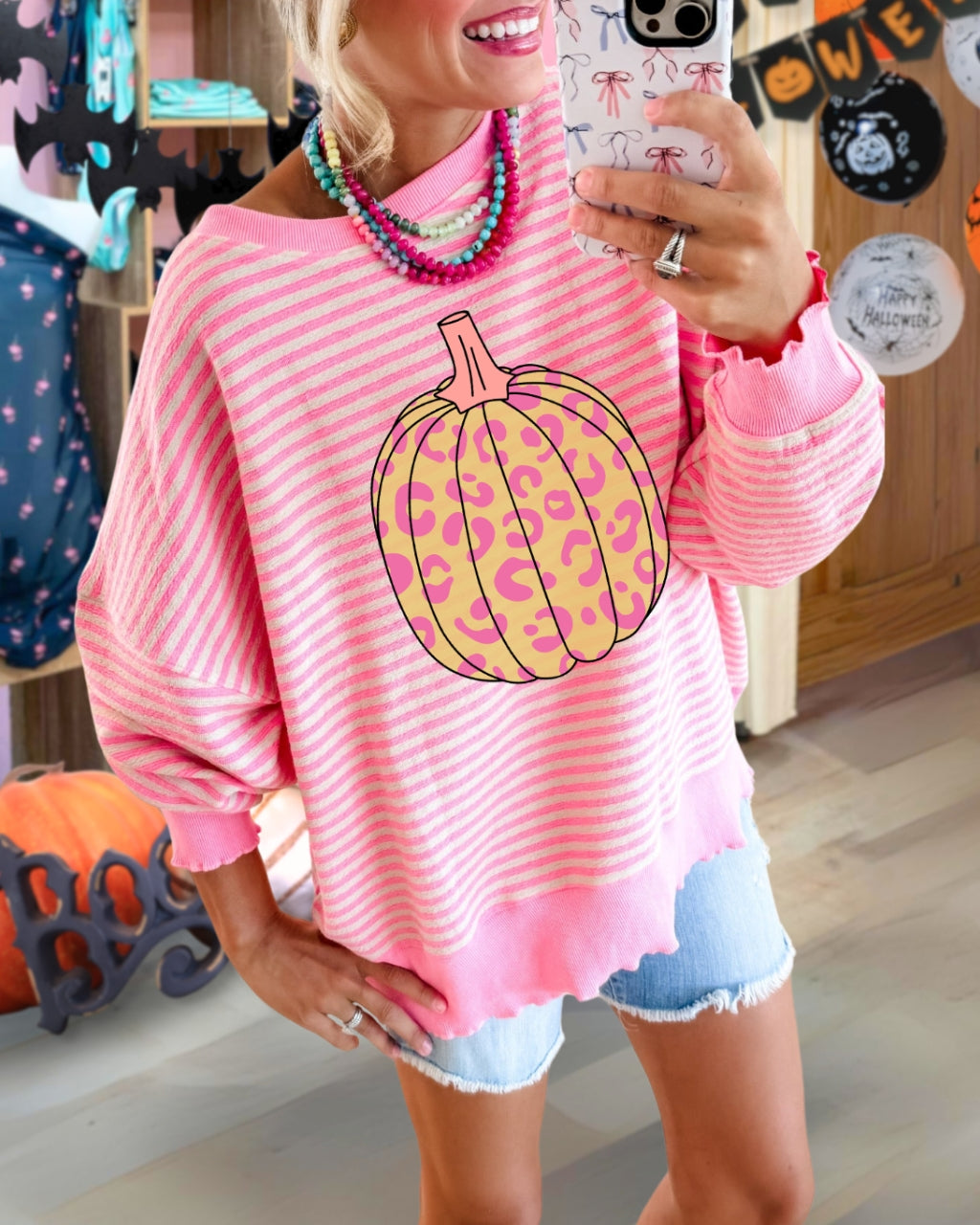 Fun Leopard Pumpkin Stripe Pullover