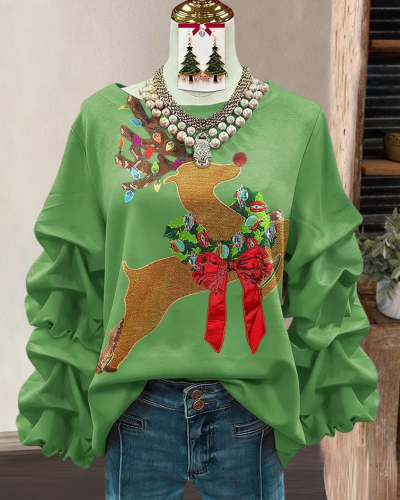 Reindeer Embroidered Pleated Top