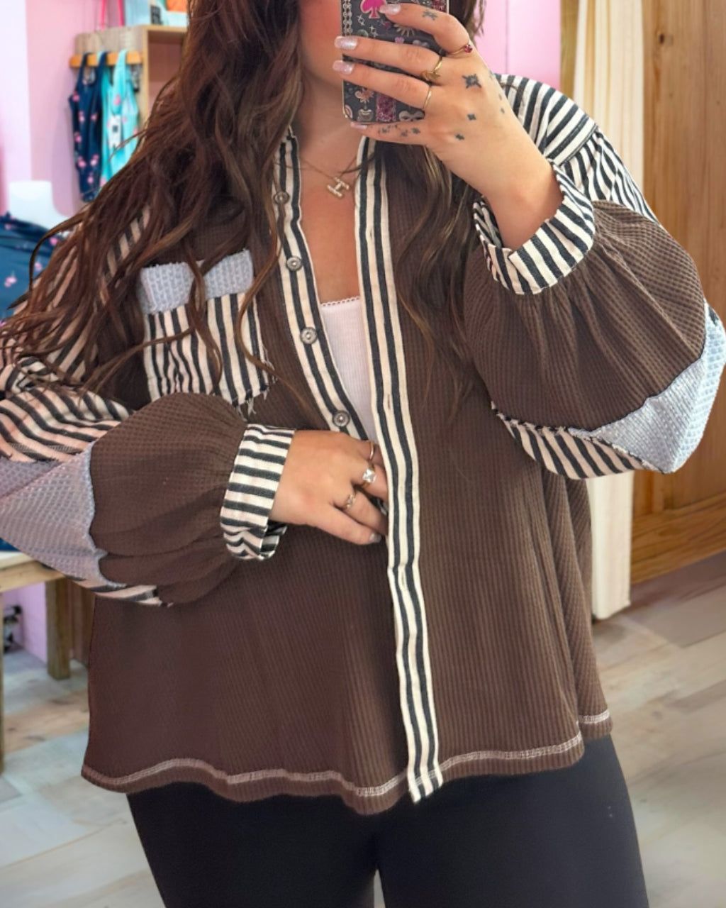 Stripe Waffle Patchwork Shirt