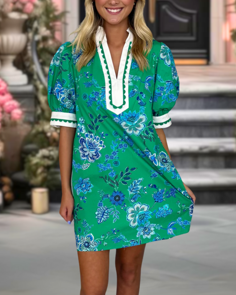 Floral Embroidered Wavy Trim Dress