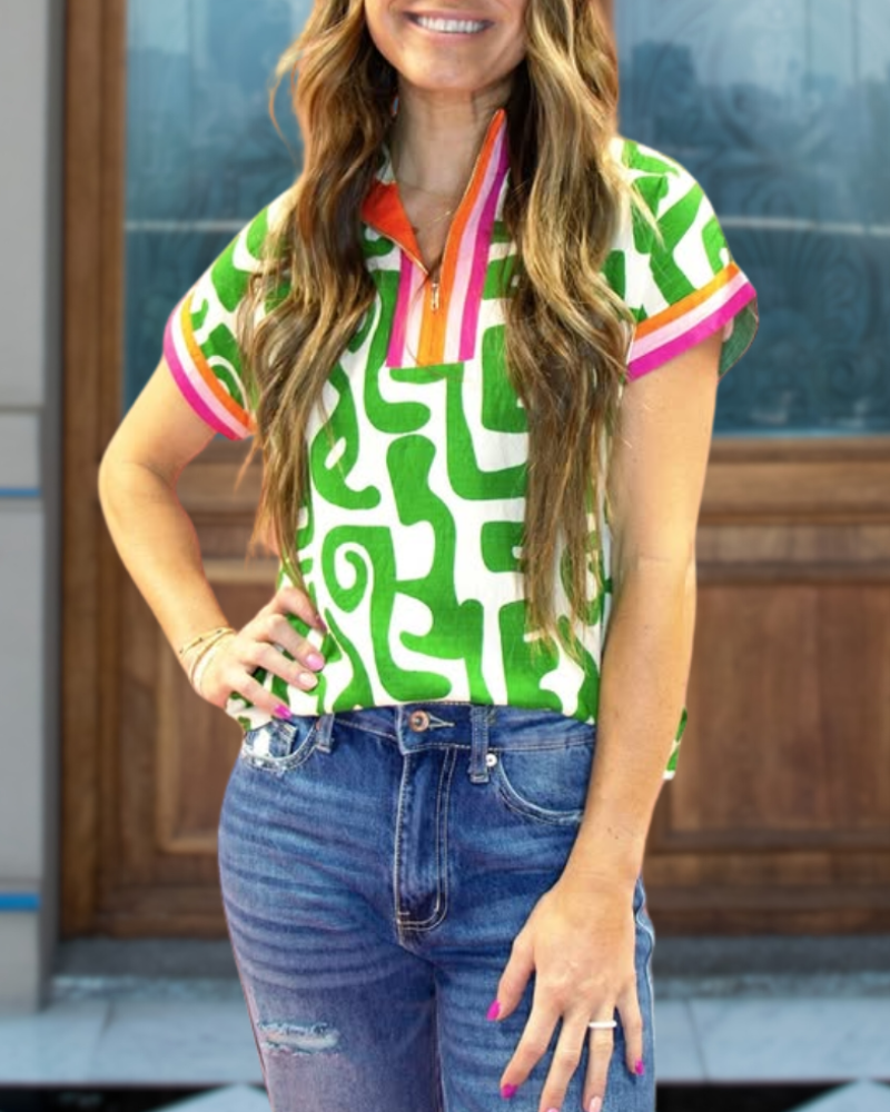 Striped Trim Abstract Print Top