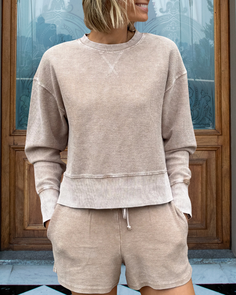 Casual Washed Ribbed Shorts Set