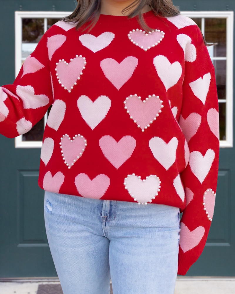 Heart Beaded Crewneck Pullover