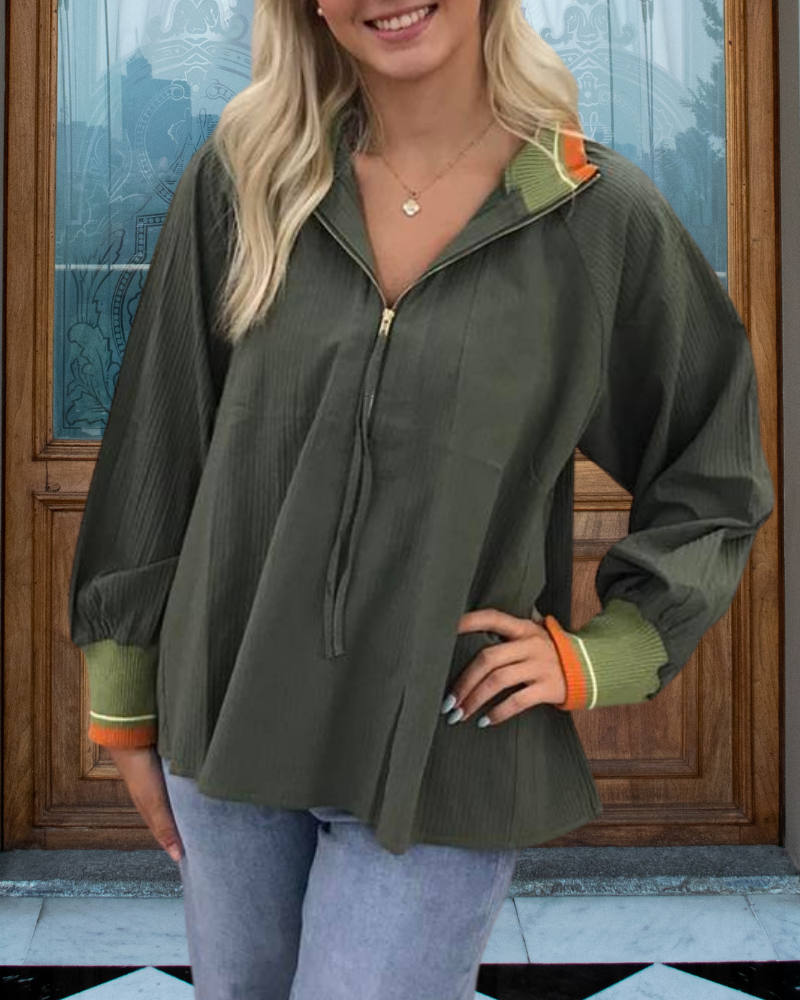Simple Half-Open Collar Pleated Pullover